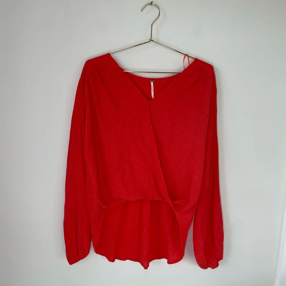 Free People S Red Gauzy Wrap Check On It Blouse Top - Picture 2 of 12